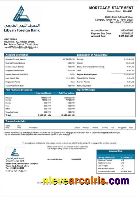 Libyan Foreign Bank mortgage statement Word and PDF template